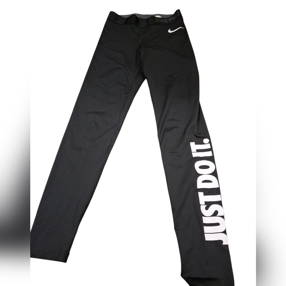 "Nike" Black Leggings Just Do It. Sz.S Polyester &Spandex. Elastic waist....